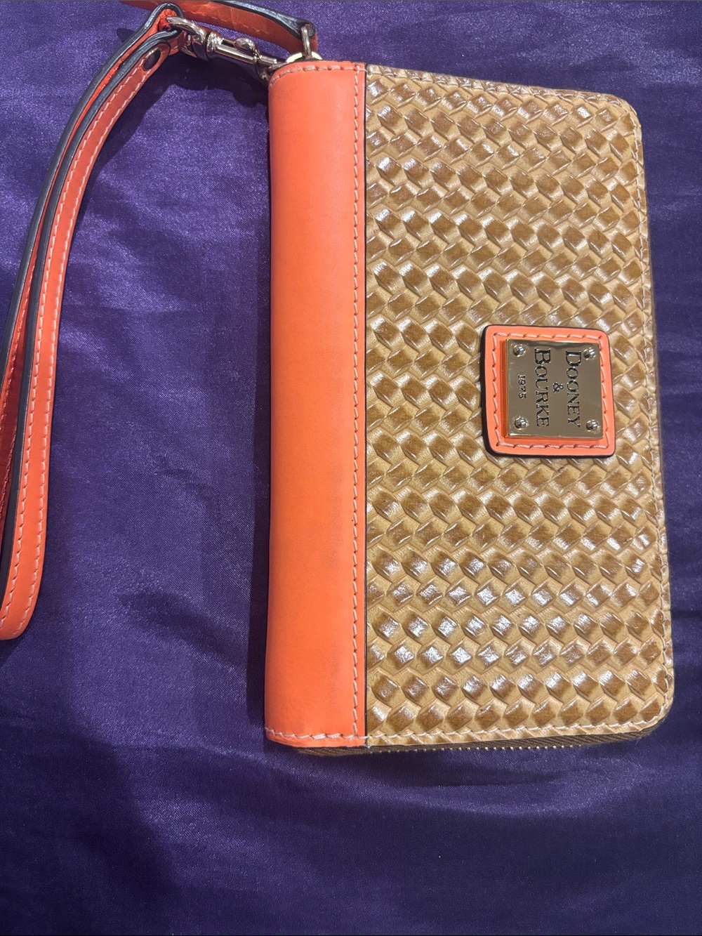 Dooney & Bourke Tan Woven Wristlet with Orange Trim